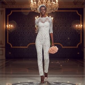 $2995 Monique Lhuillier White-Hot Chantilly & Guipure Lace Bridal Jumpsuit